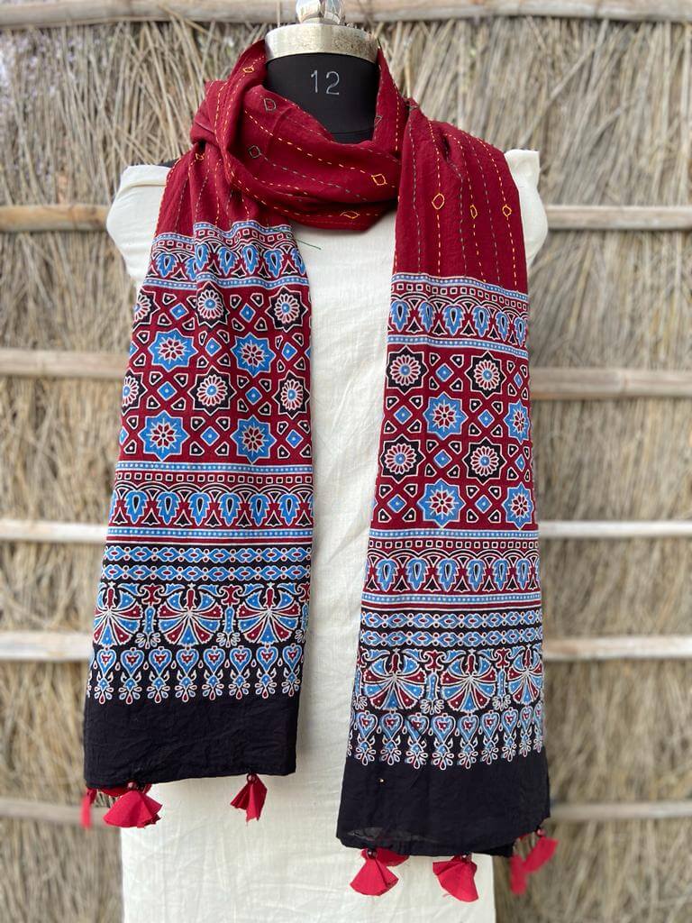 Ajrakh natural dyed pure cotton kantha stitch stole 2.1 metres red