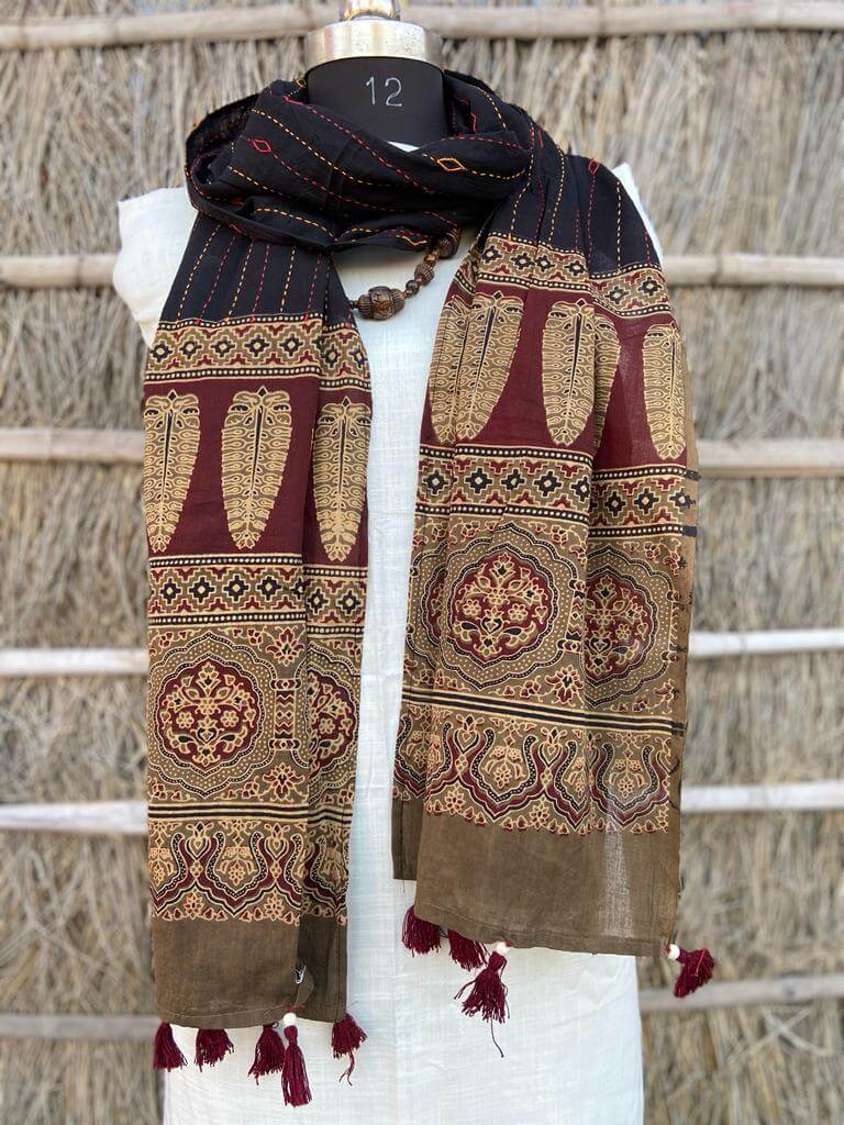 Ajrakh natural dyed pure cotton kantha stitch stole 2.1 metres