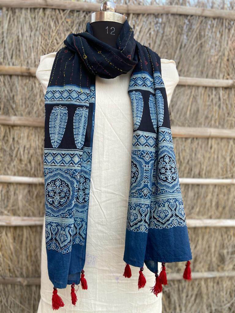 Ajrakh natural dyed pure cotton kantha stitch stole 2.1 metres