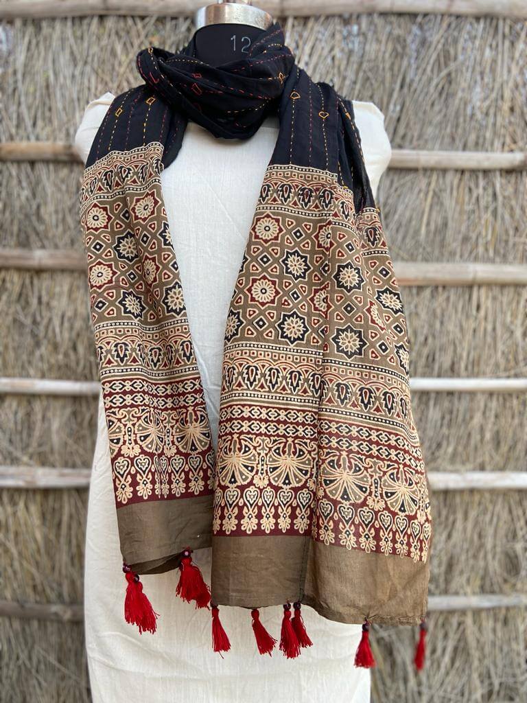 Ajrakh natural dyed pure cotton kantha stitch stole 2.1 metres