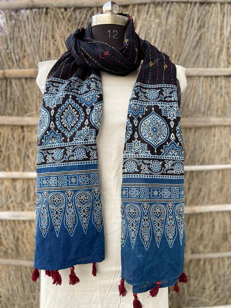 Ajrakh natural dyed pure cotton kantha stitch stole 2.1 metres in blue
