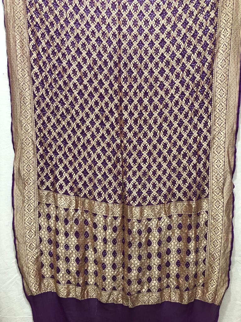 Handwoven khaddi Pure Banarasi Georget chiffon with bandani work jaldar weaving silk sarees purple all over weaving